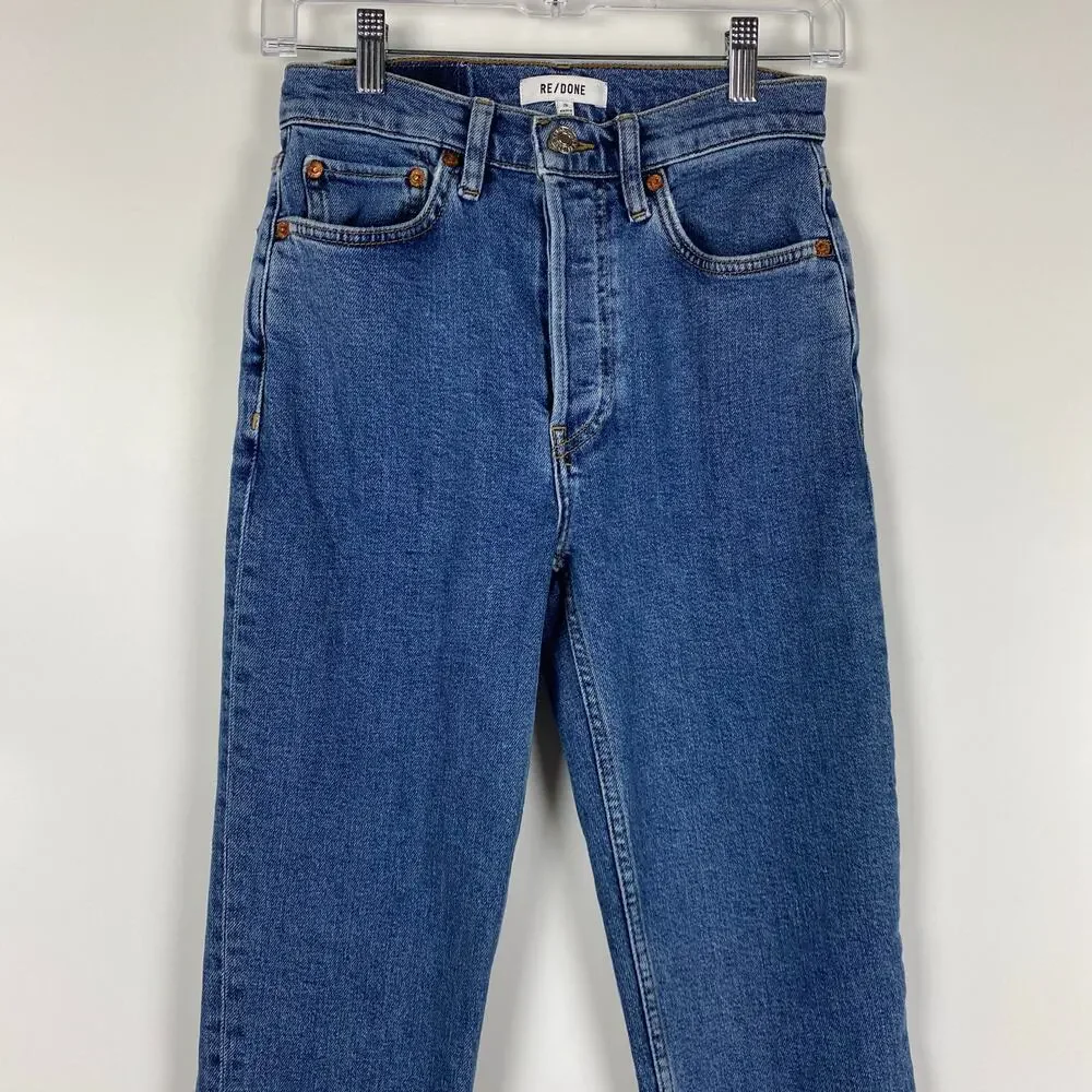 Re/Done High-Rise Ankle Crop Jeans Raw Hem Button Fly Medium Wash Womens Sz 26 - Picture 4 of 11